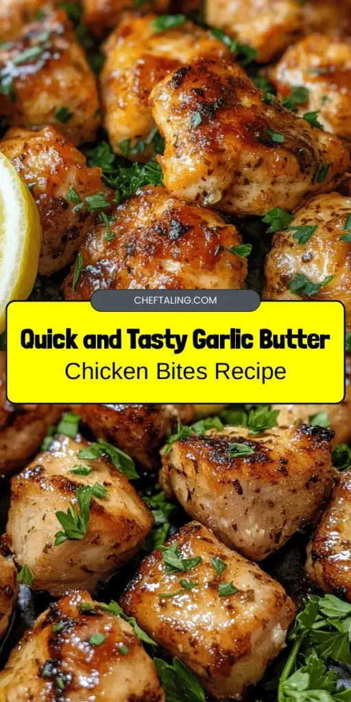 Discover the irresistible flavors of Garlic Butter Chicken Bites Delights! Perfect for busy weeknights or special gatherings, this quick and easy recipe showcases tender chicken sautéed in rich garlic butter. Enjoy it as an appetizer, main dish, or in wraps, making it incredibly versatile. With simple ingredients and a tantalizing aroma, these bites will transform your meal experience. Try it today and satisfy your taste buds! #GarlicButterChicken #QuickMeals #DeliciousBites #HomeCooking #EasyRecipes