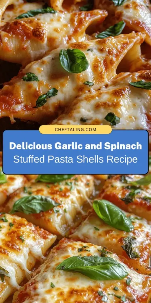 Indulge in the delicious comfort of Garlic and Spinach Stuffed Pasta Shells! This hearty vegetarian dish features jumbo pasta filled with a creamy blend of ricotta, mozzarella, and Parmesan, mixed with nutrient-rich spinach and a zesty kick of garlic. Perfect for weeknight dinners or special occasions, this recipe is both satisfying and nutritious. Elevate your dining experience with this delightful meal! #MeatlessMonday #PastaRecipes #VegetarianDelight #ComfortFood #HomemadeCooking #HealthyEating #EasyDinnerIdeas