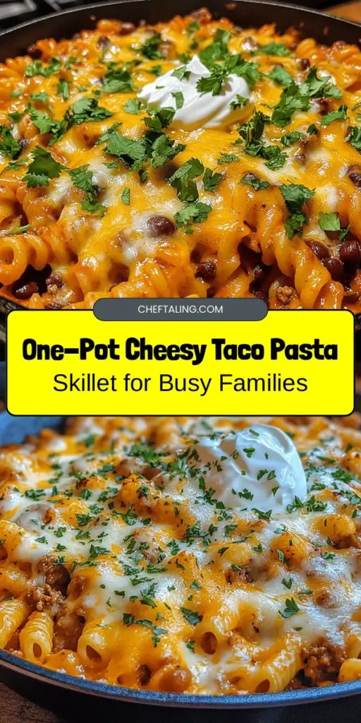 Whip up a family favorite with this easy Cheesy Taco Pasta Skillet! This delicious one-pot meal combines the comforting flavors of tacos and cheesy pasta, making it a hit for busy weeknights. Customize it to accommodate various dietary preferences, and enjoy minimal clean-up. Cooked in just a few simple steps, this dish is hearty, flavorful, and perfect for everyone at the table. Discover this easy recipe today! #CheesyTacoPasta #OnePotMeal #FamilyDinner #EasyRecipes #ComfortFood