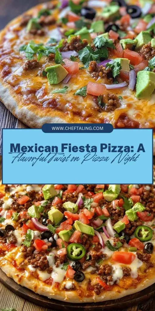 Celebrate flavors with this mouthwatering Mexican Fiesta Pizza! This delicious fusion marries traditional Mexican ingredients like zesty salsa, spicy jalapeños, creamy avocado, and hearty black beans with the comfort of classic pizza. Perfect for gatherings or cozy nights in, this dish is easy to customize for everyone’s tastes. Gather your ingredients, get cooking, and enjoy an unforgettable dining experience! #MexicanFiestaPizza #FusionCuisine #DeliciousRecipes #PizzaNight #FoodieDelight