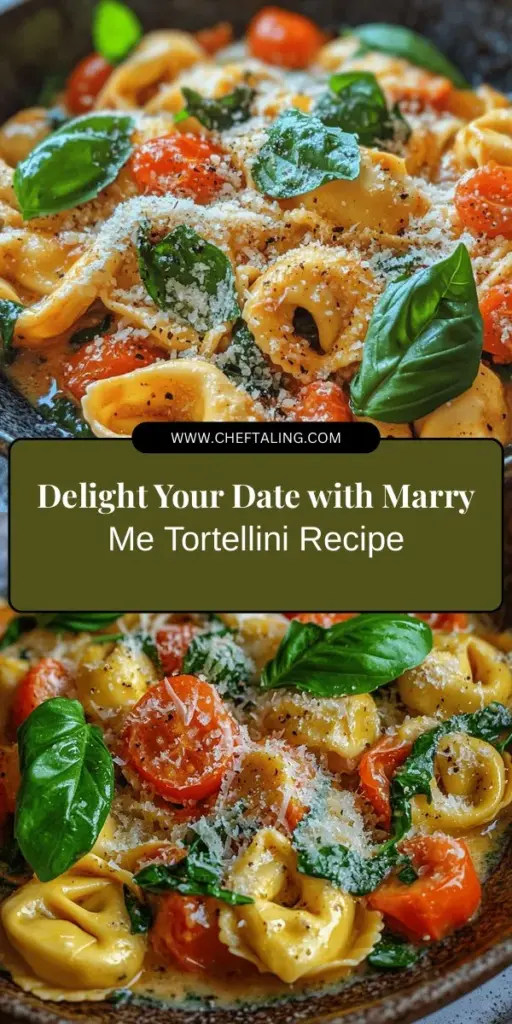 Indulge in the romance of Marry Me Tortellini, a creamy pasta dish that's perfect for special evenings. This delicious recipe combines tender cheese tortellini with a luscious sauce featuring garlic, cherry tomatoes, and fresh spinach. Ideal for date nights or any occasion, this enchanting meal promises love with every bite. Discover the magic and bring your loved ones together with this irresistible pasta delight! #MarryMeTortellini #PastaRecipes #RomanticDinner #ComfortFood #ItalianCuisine #CookingLove #FoodieFavoritess