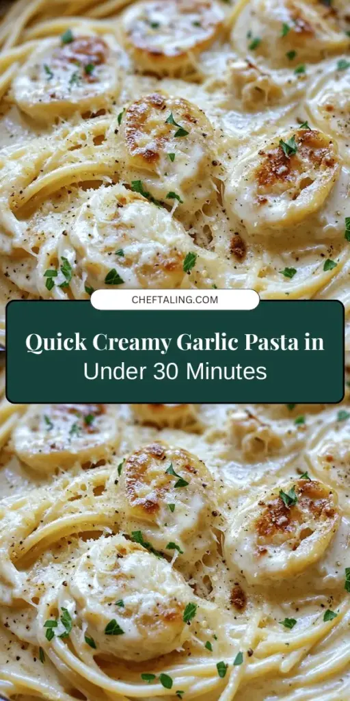 Looking for a comforting meal that’s quick to whip up? Try this creamy garlic pasta! With simple ingredients like garlic, heavy cream, and Parmesan, you can create a rich, indulgent dish in minutes. Perfect for busy weeknights or impressing guests, it’s a versatile recipe that can easily be customized with proteins and veggies. Discover how this easy dish can elevate your dinner table! #GarlicPasta #QuickRecipes #CreamyPasta #DinnerIdeas #EasyCooking #Foodie