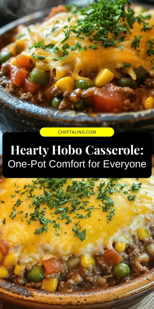 Looking for a comforting one-pot meal perfect for family gatherings? Try Hobo Casserole Delight! This easy and hearty dish combines ground beef, pasta, and mixed vegetables, all topped with gooey cheese. It's not only delicious but also adaptable to suit your pantry staples or dietary needs. Ideal for potlucks, picnics, or busy weeknights, it promises to bring everyone together around the table. Dive into this recipe and spread the warmth! #HoboCasserole #OnePotMeals #FamilyDinner #ComfortFood #EasyRecipes #CookingTogether #CasseroleRecipes