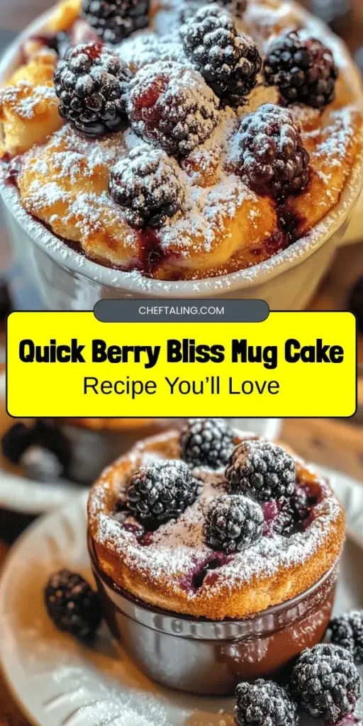 Satisfy your sweet cravings in just minutes with this Berry Bliss Mug Cake! Perfect for a quick dessert fix, this single-serving treat combines the rich flavors of fresh blackberries with a tender, fluffy cake base. It's easy to whip up using common ingredients, making it a delightful addition to your baking repertoire. Customize it with your favorite toppings for an extra touch! Try the recipe today and experience dessert bliss! #MugCake #Dessert #BerryBliss #QuickTreat #BakingAtHome