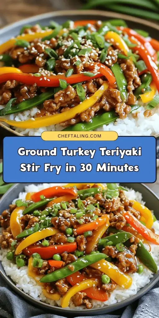 Whip up a delicious Ground Turkey Teriyaki Stir Fry in just 30 minutes! This healthy and vibrant dish features lean ground turkey, colorful veggies like bell peppers and snap peas, and a homemade teriyaki sauce that elevates the flavors. Perfect for busy weeknights, it's packed with protein and nutrients while being low in calories. Get the recipe now and enjoy a satisfying meal the whole family will love! #Teriyaki #StirFry #HealthyEating #GroundTurkey #QuickMeals #RecipeIdeas #FamilyDinner #HealthyDinner