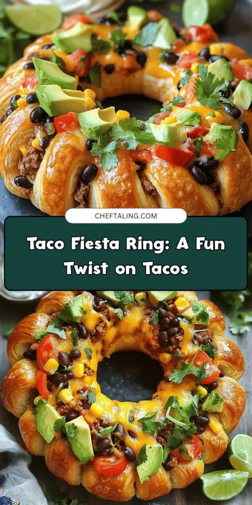 Looking for a delicious and visually stunning dish for your next gathering? The Taco Fiesta Ring combines the classic flavors of tacos with a creative presentation. Filled with seasoned ground turkey, black beans, cheese, and colorful toppings encased in flaky crescent dough, it's perfect for customizing. Easy to prepare and adaptable for various dietary preferences, this dish is sure to be the star at any table. Try it today! #TacoFiestaRing #TacoNight #FestiveRecipes #PartyFood #EasyCooking #DeliciousDishes