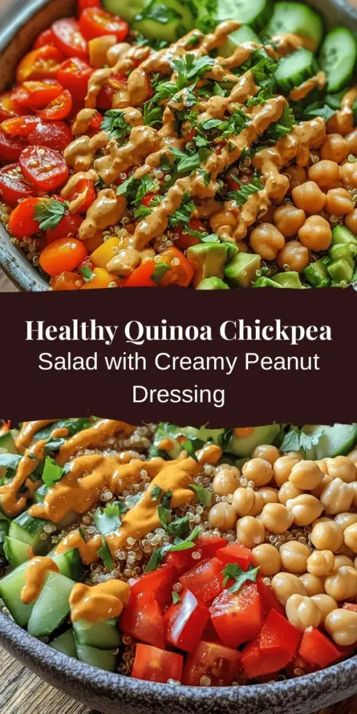 Discover the vibrant and nutritious Quinoa and Chickpea Salad with Creamy Peanut Dressing! Perfect for meal prep or a quick lunch, this salad is packed with protein, fiber, and fresh veggies, delivering delicious flavors in every bite. Learn about the health benefits of quinoa, chickpeas, and avocados, plus step-by-step preparation tips. Make it your own by customizing ingredients to suit your taste. Healthy eating has never been this tasty! #QuinoaSalad #ChickpeaSalad #HealthyEating #MealPrep #PlantBased #NutritiousRecipes #EasyRecipes