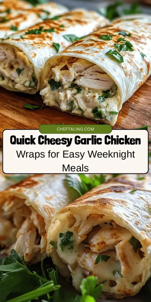 Looking for a quick and delicious meal? Try these Cheesy Garlic Chicken Wraps! Packed with juicy chicken, creamy cheese, and zesty garlic, they’re perfect for lunch, dinner, or snacks. This easy recipe allows you to customize with your favorite greens and tortillas while delivering a satisfying crunch with every bite. Perfect for busy nights or casual gatherings! Make your mealtime exciting! #CheesyGarlicChickenWraps #EasyRecipe #DeliciousMeals #Foodie #QuickMeals #Wraps #Yummy