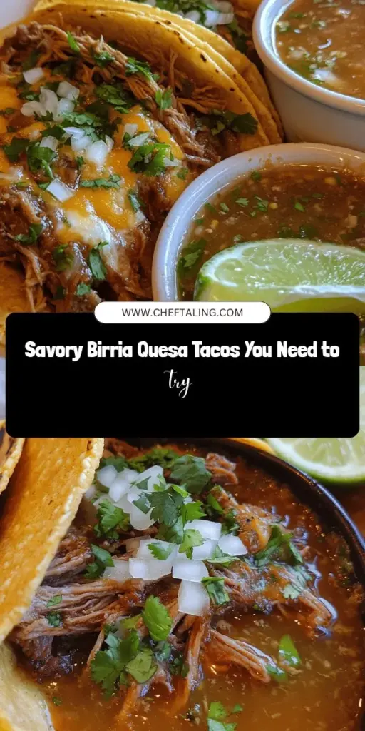 Embark on a culinary adventure with Birria Quesa Tacos, a delicious Mexican dish that beautifully fuses rich flavors and tradition. Experience tender, marinated meat enveloped in crispy tortillas, often served with a savory consomé for an elevated dining experience. Perfect for gatherings, these tacos embody the essence of Mexican culture. Dive into the recipe and enjoy a taste of history! #BirriaQuesa #Tacos #MexicanCuisine #FoodLovers #CulinaryJourney #DeliciousEats #FoodieFun #CookingAtHome