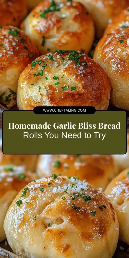 Discover the joy of baking with these Garlic Bliss Bread Rolls, a homemade delight that brings warmth and flavor to any meal. With a golden-brown crust and soft, fluffy interior, they're perfect for family gatherings or cozy dinners. Infused with garlic, fresh parsley, and Parmesan cheese, these rolls elevate your dining experience. Follow simple steps to create this comforting treat and enjoy the delightful aroma filling your kitchen. #GarlicBread #HomemadeRolls #ComfortFood #BakingJoy #YummyRecipes