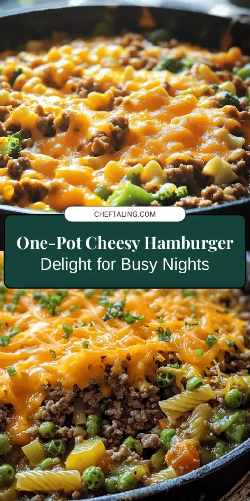 Discover the ultimate weeknight comfort with this Cheesy One-Pot Hamburger Delight! This simple, hearty recipe combines ground beef, vibrant mixed vegetables, and rich cheddar cheese, all cooked in one pot for a meal that's quick to prepare and easy to clean up. Perfect for busy families, this delicious dish offers both taste and nutrition. Whip it up in under an hour for a satisfying dinner everyone will love. #OnePotMeal #WeeknightDinner #ComfortFood #EasyRecipes #CheesyDelight