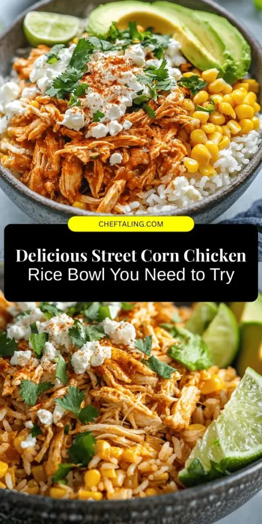 Discover the vibrant flavors of the Street Corn Chicken Rice Bowl! This delectable dish combines tender rotisserie chicken, sweet corn, and fluffy rice, all infused with spices and topped with creamy cheese. Perfect for busy weeknights or impressing guests, it's not only easy to make but also packed with nutrients. Enjoy a taste of tradition with a modern twist! #StreetCorn #ChickenRiceBowl #HealthyEating #QuickMeals #HomeCooking #CulinaryDelight #EloteInspired