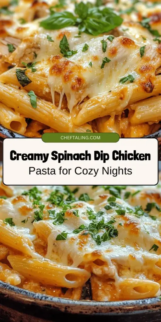 Discover the warmth of Spinach Dip Chicken Pasta, a comforting dish that combines creamy cheeses, tender chicken, and nutrient-rich spinach with perfectly cooked penne. This recipe is not only indulgent but also nourishing, making it perfect for busy weeknights or special occasions. Easy to prepare and bursting with flavor, it’s sure to become a family favorite. Dive into this comforting culinary delight today! #SpinachDipChickenPasta #ComfortFood #PastaRecipe #FamilyMeals #HealthyEating