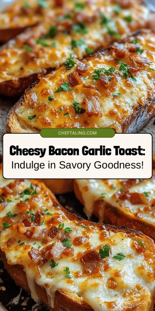 Indulge in the delightful flavors of Cheesy Bacon Garlic Toast, the perfect blend of crispy bacon, gooey cheese, and aromatic garlic atop crunchy bread. This mouthwatering treat is easy to make and ideal for any occasion—movie nights, gatherings, or late-night snacks. Customize it with your favorite toppings for a unique twist. Ready to satisfy your cravings? Discover the recipe, tips, and serving ideas that will elevate your comfort food game! #CheesyBaconGarlicToast #ComfortFood #DeliciousSnacks #EasyRecipes #FoodLovers