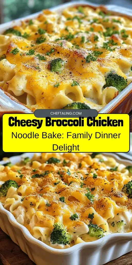 Looking for a cozy meal that brings the family together? Try this Cheesy Broccoli Chicken Noodle Bake! This easy, one-dish casserole is perfect for busy weeknights, featuring tender chicken, vibrant broccoli, creamy cheese, and egg noodles. It’s not only delicious but also packed with nutrients. Customize with your favorite cheeses and veggies for a personal touch. Enjoy the flavors that warm the heart! #CheesyBake #FamilyDinner #ComfortFood #CasseroleRecipe #HealthyEating