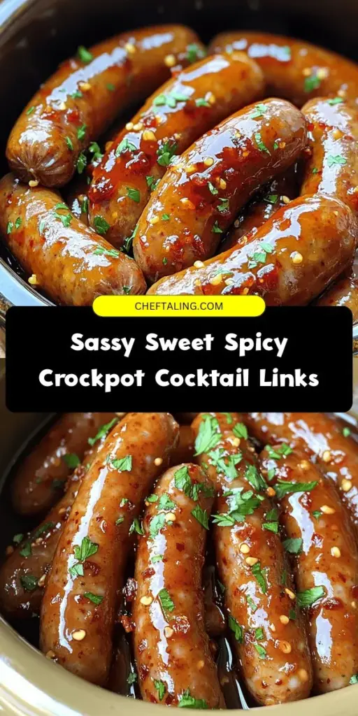 Discover the ultimate party snack with Sassy Sweet & Spicy Crockpot Cocktail Links! These bite-sized sausages are a crowd-pleaser, blending sweet grape jelly with zesty barbecue sauce for an irresistible flavor. Perfect for game days, holidays, or casual dinners, these easy-to-make bites cook beautifully in your Crockpot. Customize the spice level and serve with toothpicks for a fun twist! Try this delicious recipe today! #CrockpotRecipes #PartyAppetizers #FingerFood #GameDaySnacks #SweetAndSpicy