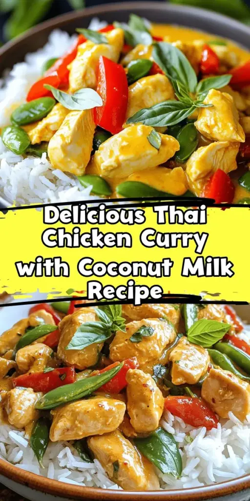 Embark on a flavorful journey to Thailand with this delicious Thai Chicken Curry with Coconut Milk recipe! This dish combines tender chicken, vibrant vegetables, and the creamy richness of coconut milk, creating a wholesome meal that boasts both taste and nutrition. Easy to prepare and full of aromatic spices, it’s perfect for any weeknight dinner. Discover the origins, health benefits, and a step-by-step guide to bring authentic Thai flavors home. #ThaiCurry #CoconutMilk #HomeCooking #HealthyRecipes #ThaiCuisine #FamilyDinner