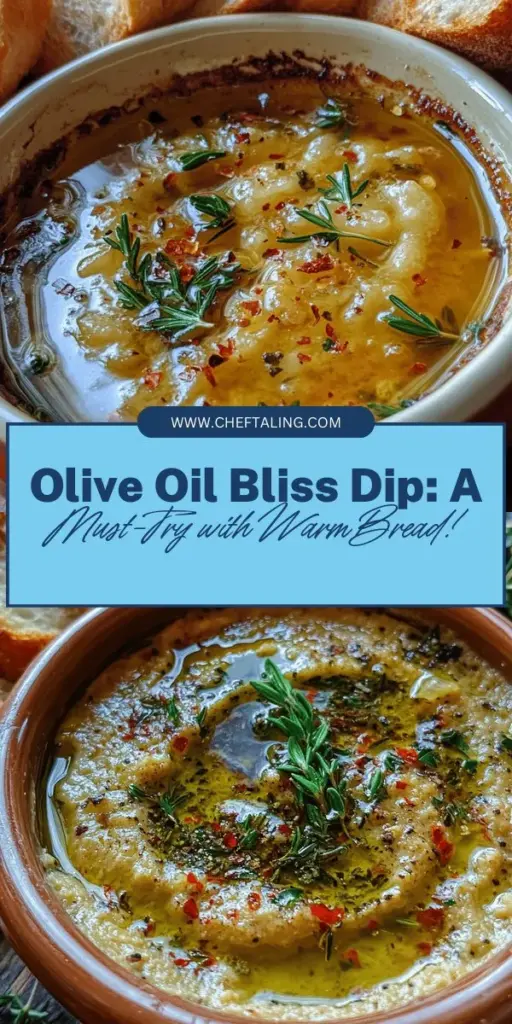 Elevate your gatherings with the Olive Oil Bliss Dip served with warm bread! This simple yet sophisticated appetizer combines high-quality extra virgin olive oil, fresh garlic, vibrant herbs, a touch of heat, and a hint of lemon to create an unforgettable flavor experience. Perfect for any occasion, this dip not only tantalizes taste buds but also boasts health benefits. Pair it with crusty bread for a delightful treat! #OliveOilDip #AppetizerIdeas #MediterraneanCuisine #HealthyEating #DineInStyle #FoodieHeaven