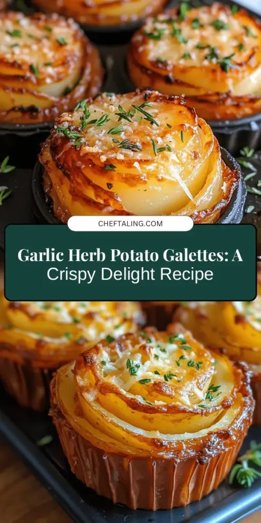 Delight your taste buds with these Garlic Herb Muffin Pan Potato Galettes! This unique recipe transforms thinly sliced russet potatoes into crispy, flavorful bites, seasoned with aromatic garlic and fresh herbs. Perfect as a side dish or appetizer, these galettes offer a visually stunning presentation and mouthwatering taste. Easy to make and sure to impress at any gathering, this dish is a must-try for potato lovers! #PotatoGalettes #MuffinPanRecipes #GarlicHerbDelight #AppetizerIdeas #ComfortFood