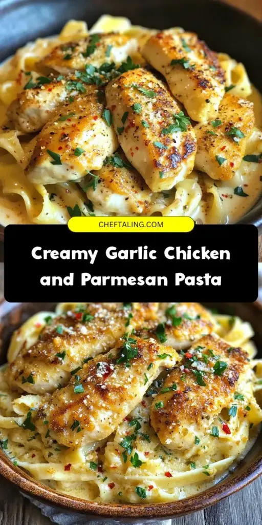 Satisfy your cravings with Creamy Garlic Chicken & Parmesan Pasta Delight! This quick, delicious recipe marries tender chicken, perfectly cooked pasta, and a rich garlic-Parmesan sauce in just 30 minutes. Ideal for busy evenings or impressing guests, this dish is customizable with veggies and alternative proteins. Bring warmth to your dinner table with each comforting bite. Try it tonight! #CreamyPasta #GarlicChicken #EasyDinner #ComfortFood #PastaRecipes #WeeknightMeals #Yummy