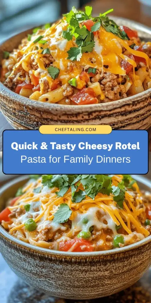 Looking for a quick and delicious family meal? Try Cheesy Rotel Pasta Delight! This creamy dish combines ground beef, colorful Rotel tomatoes, and a melty cheese blend for a comforting and flavorful experience. Perfect for busy nights or gatherings, it's easy to customize with vegetables and cheese options. Enjoy it with garlic bread or a fresh salad for a complete meal. Your loved ones will keep coming back for more! #CheesyPasta #QuickMeals #FamilyDinner #ComfortFood #Rotel #PastaRecipes