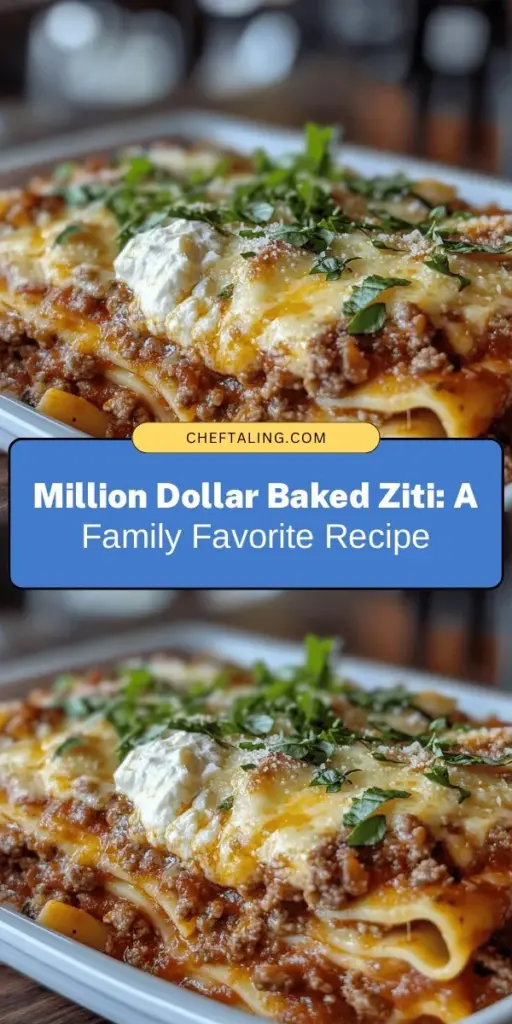 Discover the irresistible charm of Million Dollar Baked Ziti, a deliciously layered comfort food that's perfect for family gatherings or cozy weeknight meals. This Italian-American classic combines creamy cheeses, savory meat, and hearty pasta, creating a flavor explosion in every bite. Easy to prepare and great for meal prep, it's a dish that warms hearts and brings loved ones together. Dive into this cheesy delight and make it a family favorite! #BakedZiti #ComfortFood #ItalianCuisine #FamilyDinner #PastaLovers