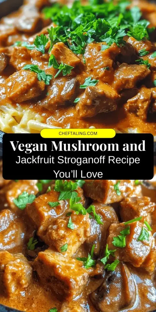 Indulge in a delicious plant-based twist on a classic favorite with this Vegan Mushroom & Jackfruit Beef Stroganoff! This hearty dish features tender jackfruit and mushrooms in a creamy coconut sauce, offering all the comfort without the meat. Perfect for vegans and anyone looking to enjoy healthier meals. Serve it with pasta and a side salad for a complete meal. Experience the flavors of comfort food with a sustainable, nutritious touch! #VeganRecipes #PlantBased #ComfortFood #HealthyEating #JackfruitStroganoff #MushroomRecipe #VeganComfortFood