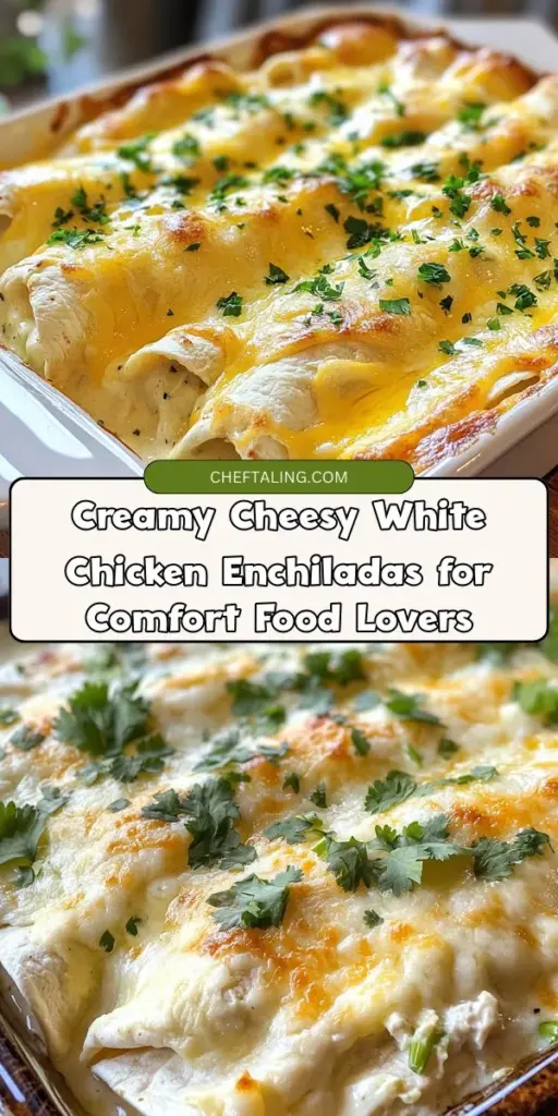 Indulge in the ultimate comfort food with these Creamy Cheesy White Chicken Enchiladas! This delicious recipe combines shredded chicken, a rich creamy filling, and gooey cheese, creating a dish that's perfect for any gathering or cozy night in. Learn how to make these mouthwatering enchiladas with easy-to-follow steps and ingredient insights. Get ready for a flavorful meal that your loved ones will ask for again and again! #Enchiladas #ComfortFood #CheesyGoodness #DinnerIdeas #RecipeInspiration