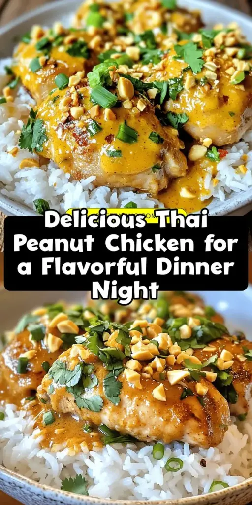 Embark on a flavorful journey with this Thai Peanut Chicken recipe! This dish combines tender chicken thighs with creamy peanut butter, coconut milk, and a medley of spices to create a mouthwatering experience. Perfect for weeknight dinners or special occasions, it’s easy to prepare and enjoy. Garnished with fresh cilantro and crunchy peanuts, this satisfying meal is bursting with authentic Thai flavors. #ThaiPeanutChicken #ThaiCuisine #CookingAtHome #FlavorfulRecipes #EasyRecipes #Foodie