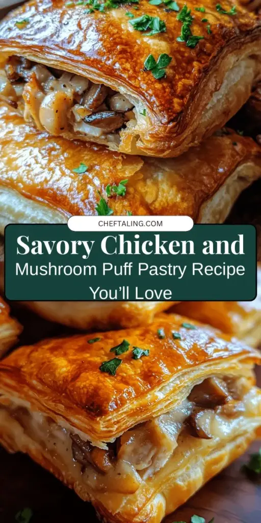 Discover the delightful flavor of Savory Chicken and Mushroom Puff Pastry Delight! This quick and easy recipe combines tender chicken and earthy mushrooms in a flaky pastry, making it perfect for busy nights or special gatherings. Sauté onions, garlic, and your choice of mushrooms, then mix with heavy cream and spices before baking to golden perfection. Serve it as an appetizer or a hearty main dish. Explore the culinary journey today! #ChickenPastry #PuffPastry #Recipes #Cooking #Foodie #CulinaryAdventure #ComfortFood #EasyRecipes