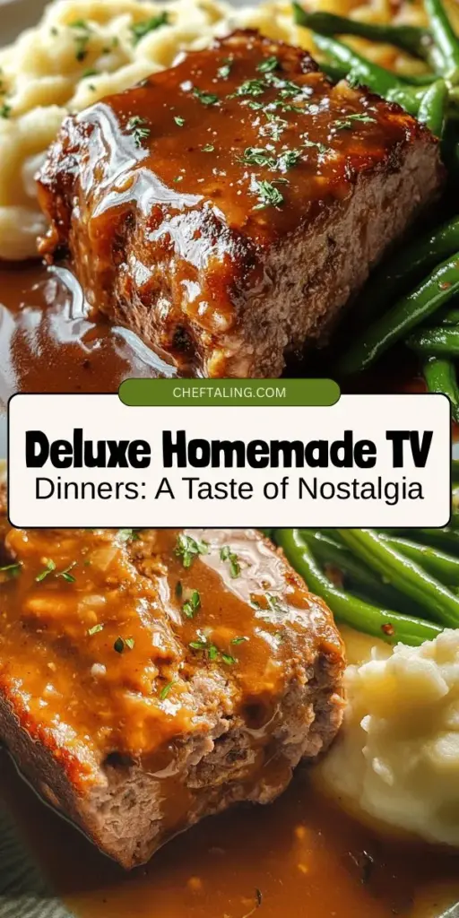 Indulge in the nostalgia of a Deluxe Homemade TV Dinner that brings warmth and comfort to your table. This delightful meal features a juicy meatloaf, creamy mashed potatoes, sautéed green beans, and rich brown gravy. Discover how to prepare this classic dish with fresh ingredients and step-by-step instructions, making it perfect for family gatherings or a cozy night in. Relive fond memories and create new ones with every savory bite! #ComfortFood #HomemadeTVDinner #Nostalgia #Meatloaf #FamilyMeals #CookingAtHome