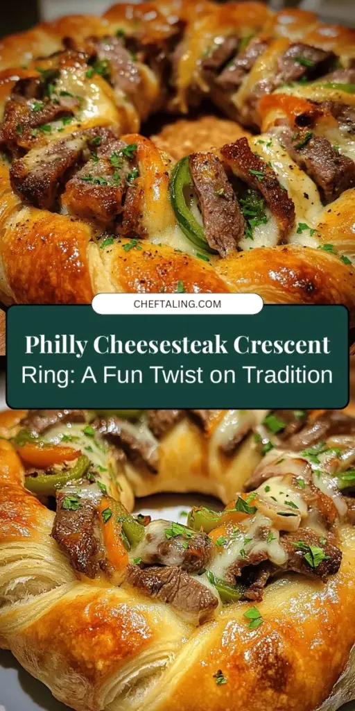 Elevate your snack game with the Irresistible Philly Cheesesteak Crescent Ring! This fun twist on a classic favorite turns the beloved cheesesteak into a shareable, flaky ring that's perfect for game days and family gatherings. Loaded with tender steak, gooey provolone, and sautéed vegetables, each bite is a taste of Philly tradition. Easy to make and even easier to enjoy, this dish is sure to impress! #PhillyCheesesteak #CrescentRing #PartyFood #EasyRecipes #ComfortFood #Foodie