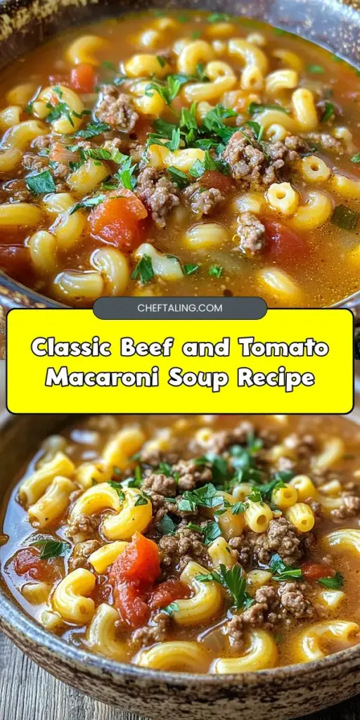 Warm up with a delicious bowl of Classic Beef & Tomato Macaroni Soup! This comforting recipe is perfect for busy nights, combining savory beef, tangy tomatoes, and hearty macaroni for a satisfying meal. Easy to customize for dietary preferences, it's a nostalgic dish that brings families together around the table. A great way to nourish the body and soul, this soup is sure to become a household favorite! #ComfortFood #SoupRecipes #FamilyDinner #EasyRecipes #BeefSoup