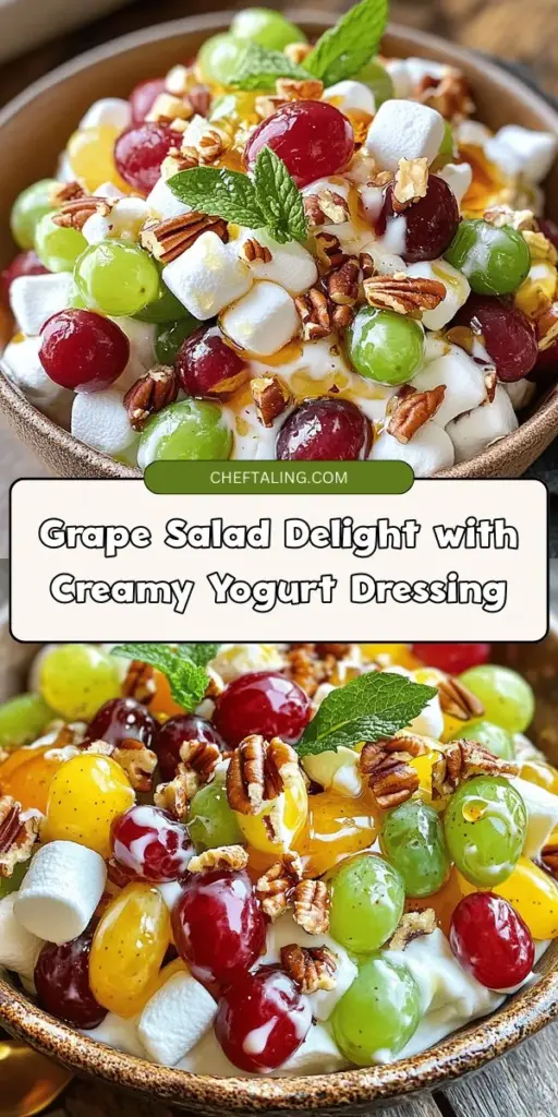 Discover the vibrant and refreshing Grape Salad Delight, perfect for summer gatherings! This delightful dish combines sweet seedless grapes, creamy Greek yogurt, crunchy nuts, and mini marshmallows, offering a balance of flavors and textures that everyone will love. Not only is it delicious, but it's also nutritious, making it a great side dish or light dessert. Elevate your meals with this easy and versatile recipe! #GrapeSalad #SummerRecipes #HealthyEating #RefreshingSalad #YogurtDressing