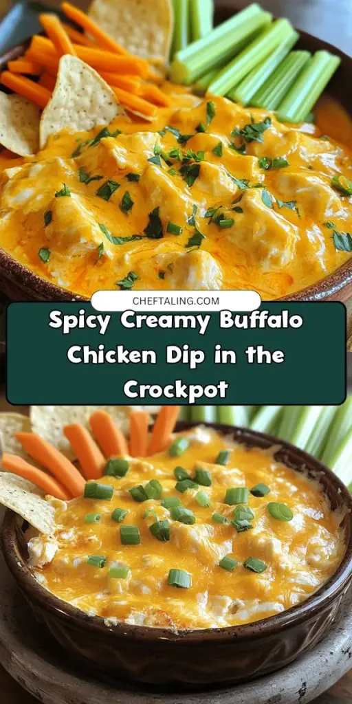 Looking for the perfect party appetizer? Try this Spicy Creamy Crockpot Buffalo Chicken Dip! Deliciously creamy with a zesty kick, it's super easy to make and ideal for game days, potlucks, and gatherings. Just combine ingredients, set it in the Crockpot, and let the flavors meld while you enjoy time with your guests. Serve it with tortilla chips or crunchy veggies for a crowd-pleasing treat. #BuffaloChickenDip #CrockpotRecipes #PartyFood #Appetizers #SpicyDip #GameDaySnacks #ComfortFood