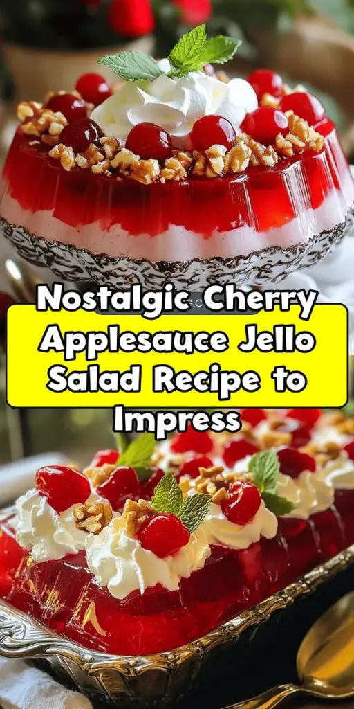 Delight in the vibrant and nostalgic Cherry Applesauce Jello Salad! This charming dish skillfully combines the sweet-tart flavors of cherry and apple, creating a refreshing and colorful addition to any gathering. Perfect for potlucks and holiday dinners, this salad is easy to make and customizable with a variety of fruits and nuts. Learn how to recreate this classic treat and impress your guests with its delicious taste and presentation! #JelloSalad #CherryApplesauce #NostalgicRecipes #PartyFood #EasyDesserts