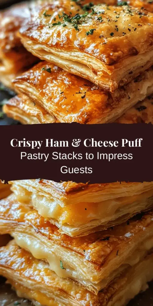 Elevate your snacking game with these delicious Crispy Ham & Cheese Puff Pastry Stacks! Made with buttery, flaky puff pastry, this recipe is easy to follow and perfect for gatherings or a cozy night in. Layers of savory ham, gooey cheese, and a touch of zesty mustard are baked to golden perfection. Ready in no time, they're sure to impress your family and friends! Try it for your next event! #PuffPastry #HamAndCheese #Appetizers #EasyRecipes #ComfortFood #Foodie