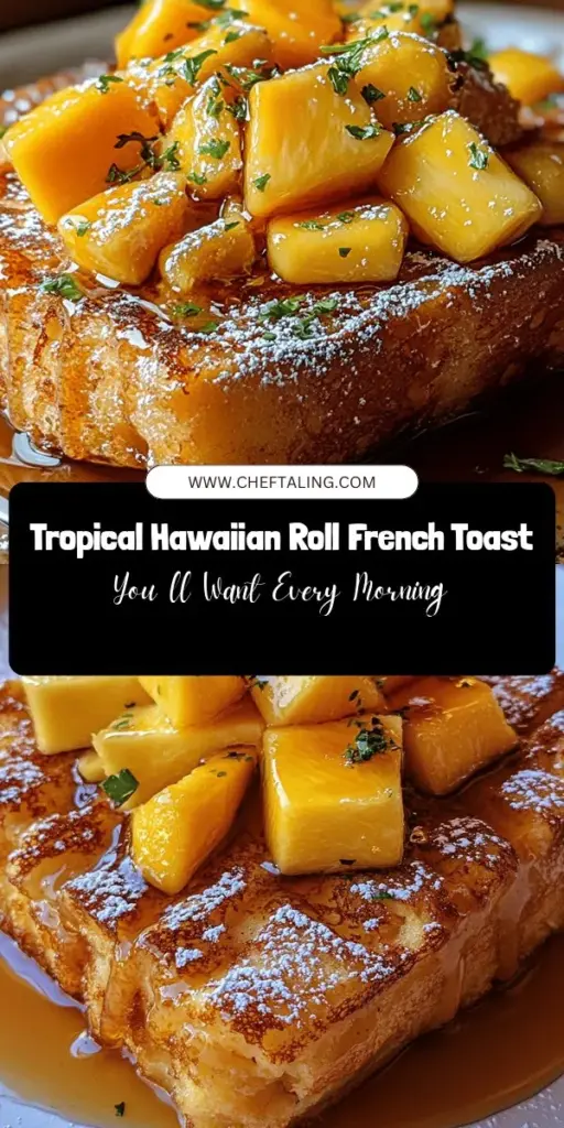 Indulge in the bliss of breakfast with this Tropical Delight Hawaiian Roll French Toast recipe! This twist on a classic features soft, sweet Hawaiian rolls soaked in a rich, custardy mixture of eggs, milk, and vanilla, topped with fresh tropical fruits and a drizzle of maple syrup. Perfect for weekend brunches or special occasions, this dish guarantees a taste of the tropics with every bite. Get ready for a breakfast escape! #FrenchToast #BreakfastBrunch #TropicalRecipe #HawaiianRolls #YummyFood #EasyRecipes #ComfortFood