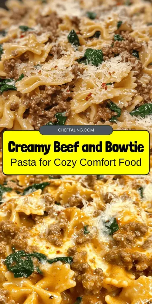 Indulge in the comforting and delicious Creamy Beef and Bowtie Pasta! This easy-to-make dish combines savory ground beef, tender bowtie pasta, and a rich creamy sauce that's perfect for family dinners or cozy nights in. Add fresh spinach for a nutritional boost and finish with Parmesan cheese for that extra touch. Check out this delightful recipe and elevate your weeknight meals! #Pasta #ComfortFood #DinnerIdeas #Recipe #BeefPasta #HomeCooking #EasyMeals #FoodLovers