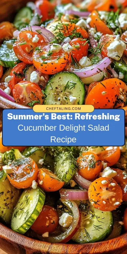 Beat the summer heat with the Refreshing Cucumber Delight salad! This vibrant dish is bursting with flavor from fresh cucumbers, sweet cherry tomatoes, and creamy feta cheese. Packed with nutrients, it's perfect for barbecues, picnics, or a light meal. Discover the health benefits of each ingredient and enjoy a step-by-step guide to creating this delicious salad. Dive into a world of freshness today! #SummerSalad #HealthyEating #CucumberDelight #FreshIngredients #CookingInspiration