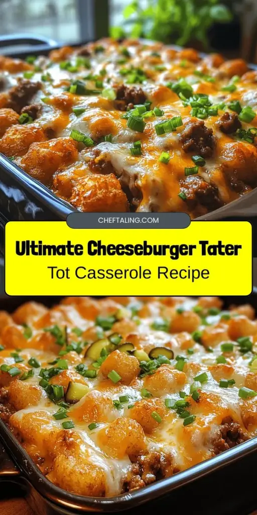 Dive into the ultimate comfort food with this Cheeseburger Tater Tot Casserole! Combining juicy ground beef, gooey cheese, and crispy tater tots, this easy-to-make dish is perfect for family dinners or potlucks. With layers of flavorful ingredients and room for customization, it promises to be a crowd favorite. Bring warmth and nostalgia to your table with this hearty recipe! #ComfortFood #Casserole #Cheeseburger #TaterTots #FamilyDinner #EasyRecipes #Foodie