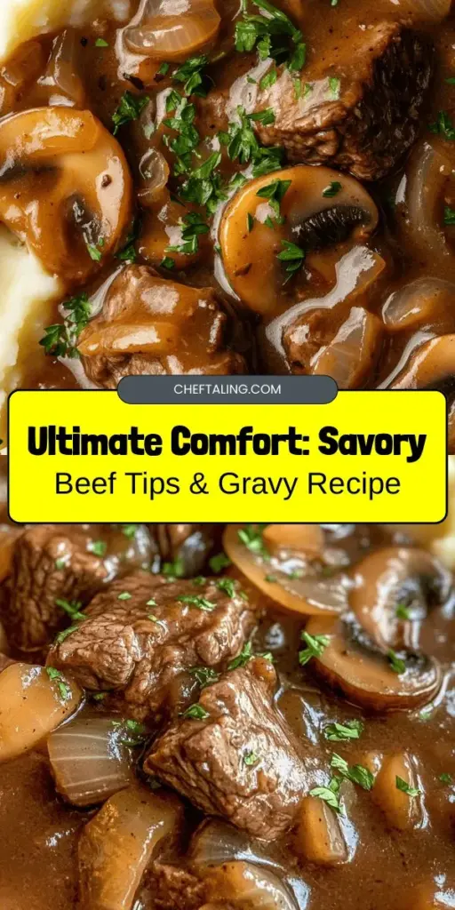 Indulge in the comforting flavors of Savory Beef Tips & Gravy Delight! This beloved dish features tender beef sirloin smothered in a rich, savory gravy, perfect for cozy family dinners or meal prep. With its versatile ingredient options, from mushrooms to heavy cream, each bite brings warmth and satisfaction. Serve it over mashed potatoes, rice, or noodles for a complete meal. Discover how to create this culinary staple that warms the soul! #ComfortFood #BeefTips #SavoryDelight #HomeCooking #FamilyRecipes #MealPrep