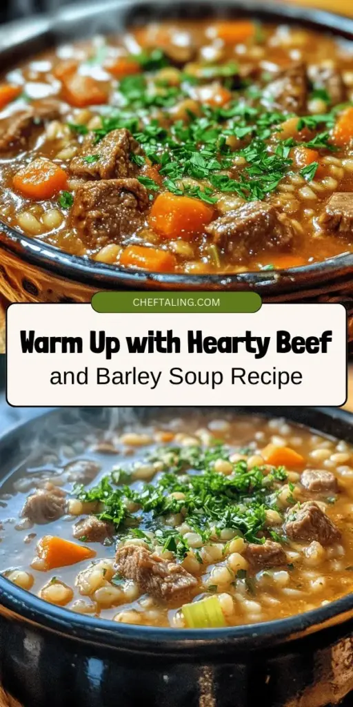 Warm up this winter with a delicious bowl of Hearty Beef and Barley Soup! This comforting classic combines tender beef, nutty barley, and fresh veggies for a nourishing meal that's perfect for cozy evenings. Rich in flavor and packed with nutrients, this hearty soup is easy to make and ideal for sharing with loved ones. Discover the recipe and enjoy a taste of tradition. #BeefAndBarleySoup #ComfortFood #HeartyRecipes #WinterWarmers #HealthyEating #FamilyMeals