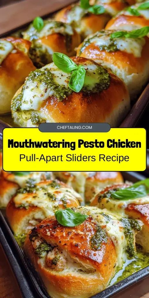 Elevate your next gathering with Pesto Chicken Pull-Apart Sliders! These bite-sized delights are filled with tender shredded chicken, aromatic basil pesto, and melted cheeses, all nestled in soft brioche rolls. Easy to share and adapt, they make for a fun and interactive dining experience. Perfect for game day or family dinners, these sliders are sure to please everyone! Try this delicious recipe for your next event. #Sliders #Pesto #Chicken #Appetizers #ComfortFood #PartyFood #BakingFun