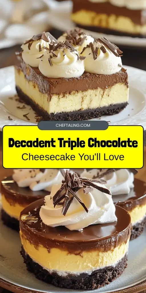 Indulge in the ultimate chocolate lover's dream with this triple chocolate cheesecake recipe! Combining creamy cream cheese with rich dark, milk, and cocoa chocolate, this dessert is visually stunning and irresistibly delicious. Perfect for special occasions or a sweet treat at home, it features a crunchy chocolate cookie crust and luscious layers. Dive into this step-by-step guide, and prepare to wow your guests! #ChocolateCheesecake #DessertLovers #BakingJoy #RecipeOfTheDay #SweetTooth