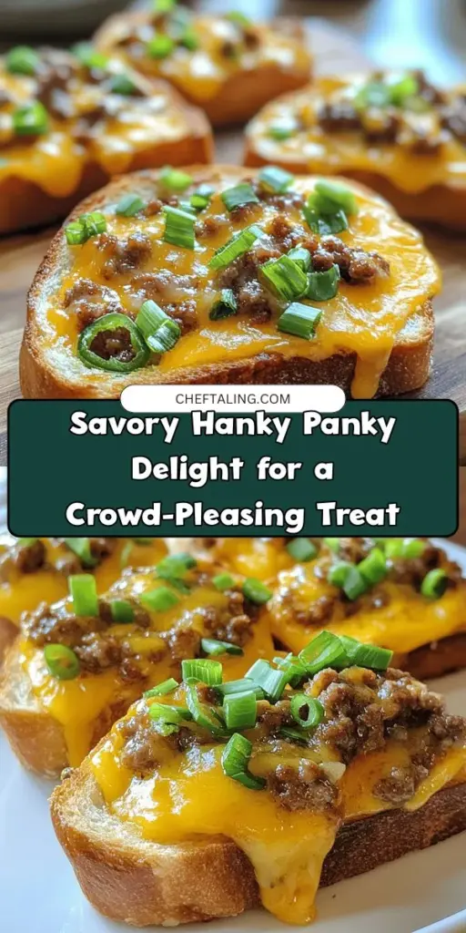 Discover the comforting flavors of Hanky Panky Delight, a savory dish that’s perfect for gatherings or cozy nights in. This easy-to-make recipe features seasoned ground meat, melted cheese, and buttery bread, making it a crowd favorite. Customize it with various toppings to suit your taste and watch it become a family favorite! Dive into this culinary adventure today! #HankyPankyDelight #ComfortFood #EasyRecipes #PartyFood #Yummy #FamilyMeals #SavoryTreats