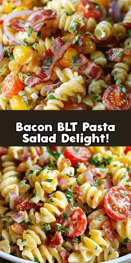 Dive into the flavor-packed world of the Bacon-Lover's BLT Pasta Salad! This innovative twist on the classic BLT combines crispy bacon, fresh vegetables, and delicious pasta for a satisfying dish that’s perfect for gatherings or a quick weeknight dinner. With its creamy dressing and vibrant ingredients, it’s a crowd-pleaser that’s easy to make and customize. Bring joy to your table with this delightful recipe! #BLTPastaSalad #BaconLovers #ComfortFood #RecipeIdeas #PastaSalad