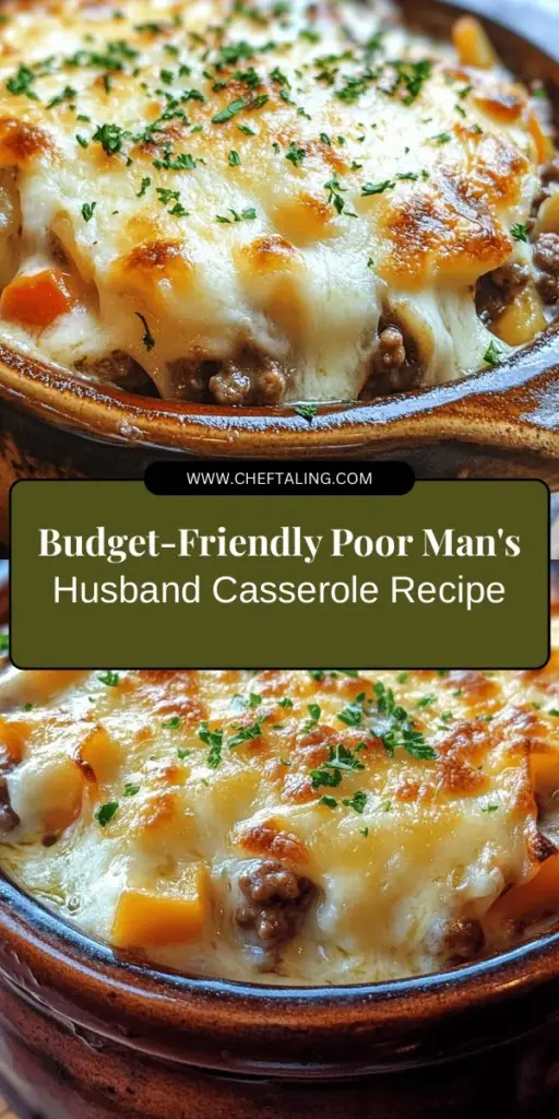 Looking for a budget-friendly comfort food that the whole family will love? Try the Poor Man's Husband Casserole! This hearty dish combines ground meat, onions, garlic, mixed veggies, and creamy mushroom soup, all baked to perfection with a cheesy topping. It's simple to make, perfect for busy nights, and customizable based on what you have at home. Get ready to savor a delicious meal that warms both bellies and hearts! #Casserole #ComfortFood #BudgetMeals #FamilyDinner #EasyRecipes #MealPrep