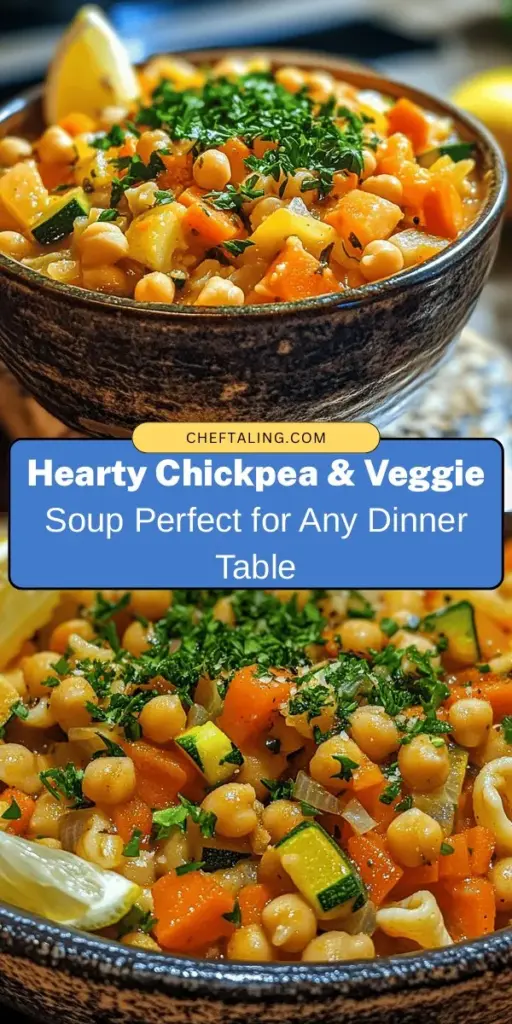 Warm up your mealtime with this Chickpea & Veggie Delight Soup recipe! Packed with plant-based protein, colorful veggies, and aromatic herbs, this wholesome dish is not only satisfying but also loaded with nutrients. Perfect for vegans and omnivores alike, it's easy to make in under an hour. Enjoy a comforting bowl topped with fresh herbs and paired with crusty bread for the ultimate cozy experience. #ChickpeaSoup #PlantBased #HealthyEating #SoupSeason #ComfortFood