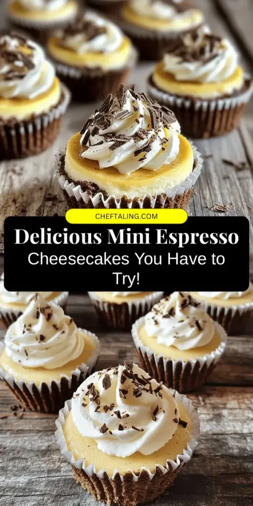 Indulge in the decadent delight of Mini Espresso Cheesecakes! These bite-sized treats combine rich espresso flavor with a creamy filling, all nestled in a cocoa-infused graham cracker crust. Perfect for gatherings or a sweet finish to dinner, they are easy to customize with toppings like chocolate shavings or berry garnishes. Try this simple recipe and impress your guests with these elegant, irresistible desserts! #MiniCheesecakes #EspressoDessert #BakeWithLove #DessertRecipes #CoffeeLovers